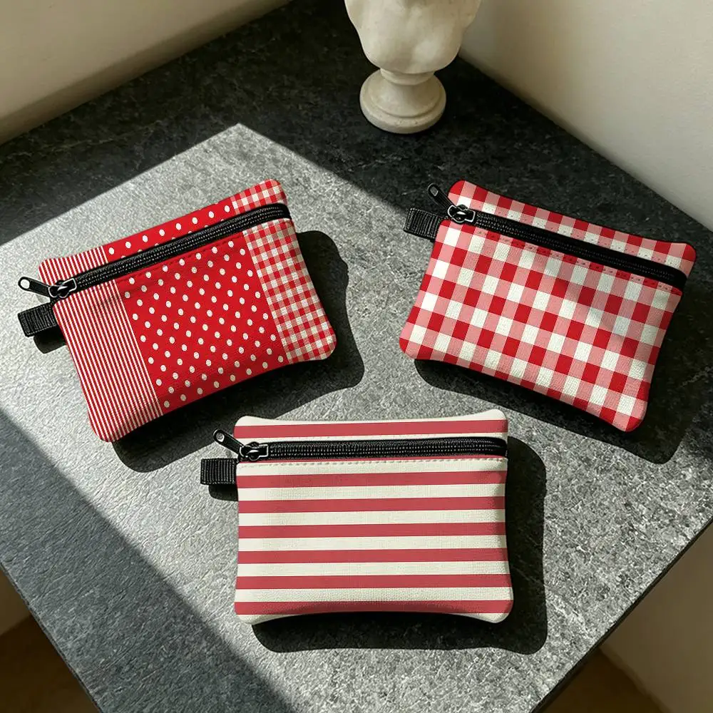 Nordic Style Red Color Checker Stripe Waterproof Zipper Coin Purse Lightweight Hanging Key Pouch Card Holder For Daily Use