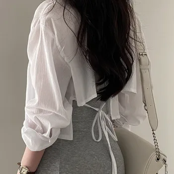 Sweetage-reducing 여름 쉬폰 카디건 여성용 자른 자외선 차단 탑 루즈핏 화이트 코튼 셔츠 합리적인 디자인  Best5