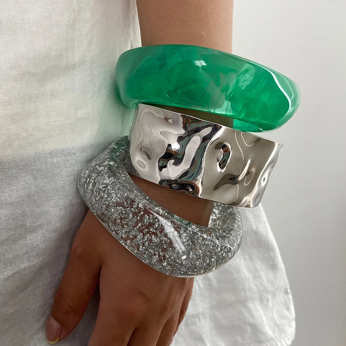 Accessories Fashion Irregular Smudge Resin Bracelet Personalized Translucent Silver Foil Wide Edition Bracelet