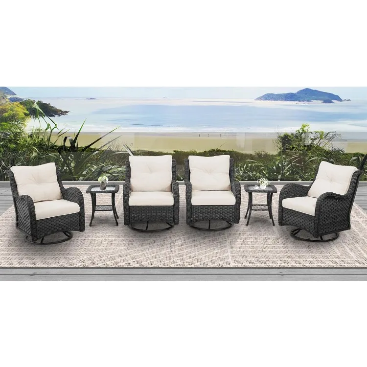 6 Pieces Outdoor Patio Furniture Set, Rattan Wicker Swivel Rocker Chairs Sets with Swivel Glider Chairs and Coffee Table