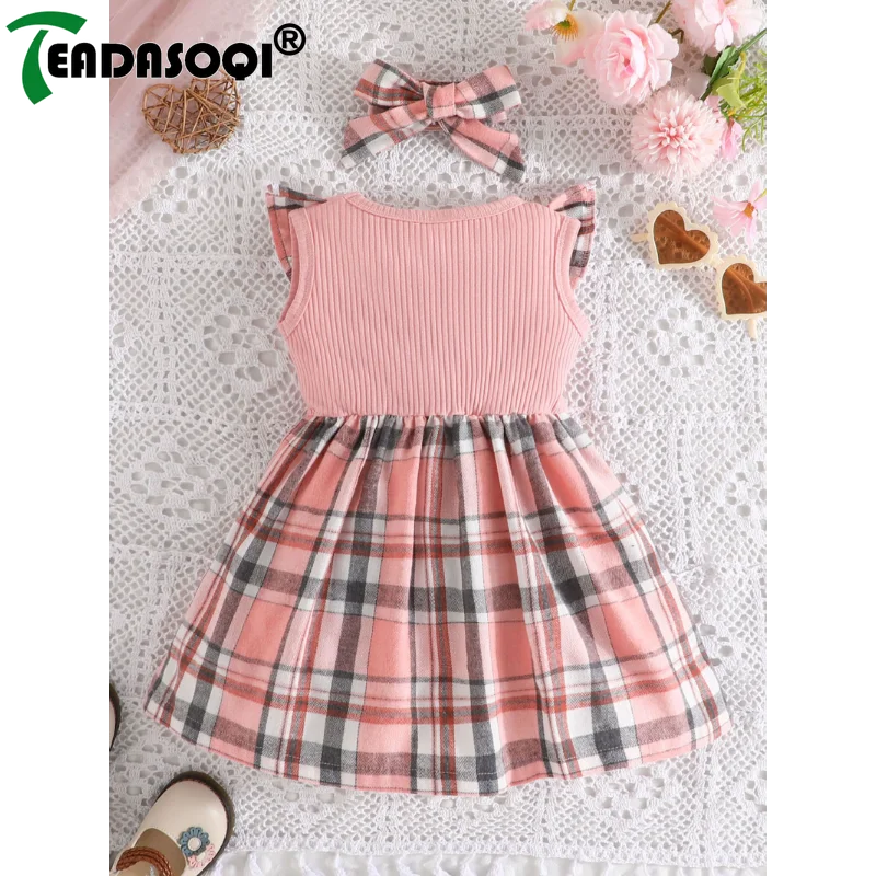 Summer Dress For Kids Girls 3M-3Y Casual Sleeveless Pleated Fly-shoulder Bow Plaid Girl Princess Dresses Children Clothing