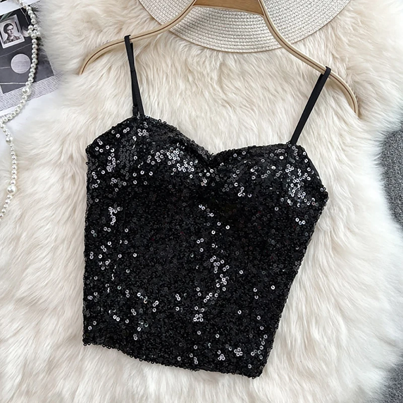 Summer Women Sexy Backless Sequin Tank Top Bra Pad O-Neck Underwear Chic Elastic Pleated Tops Female Solid Off Shoulder Camis