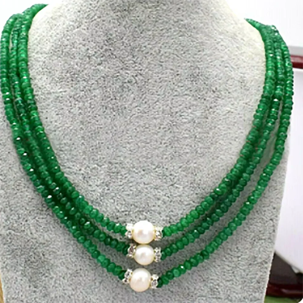 3rows 2x4mm Faceted 3color green Emerald red jade & 9-10mm white freshwater pearls necklace 17