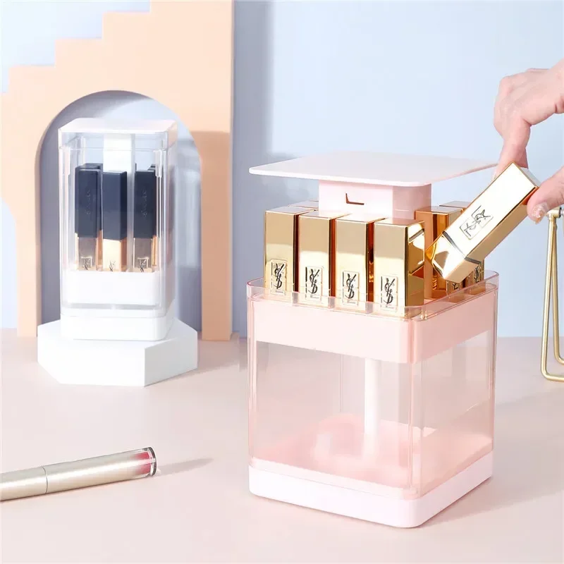 Plastic Transparent Lipstick Box on The Desktop Press Lifting Split Lipstick Holder Dust Belt Cover Lipstick Storage Box