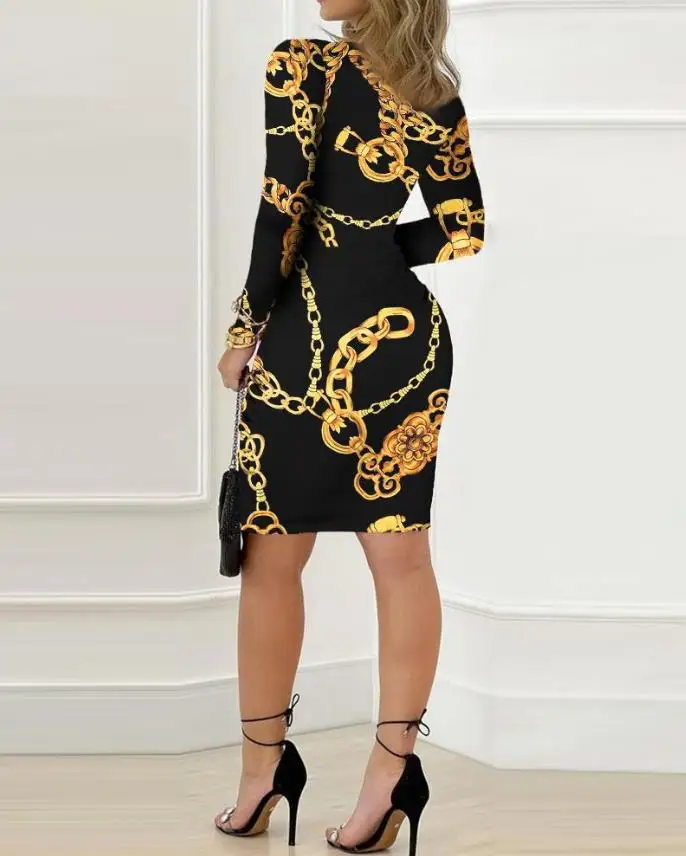 Womens Dresses 2024 Spring Fashion Chain Print Twist Detail Sexy Plunge Long Sleeve Skinny Mini Party Dress