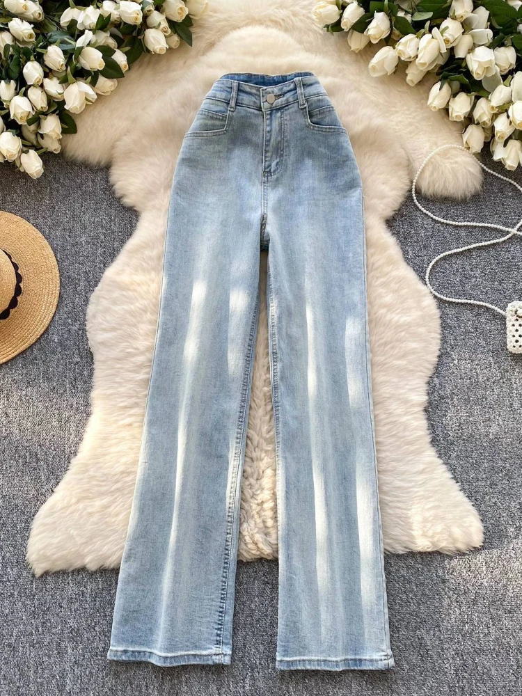 

Korean Style Fashion Versatile High Waist Wide Leg Jeans Women's Spring New Slim and Casual Simple Straight Leg Pants