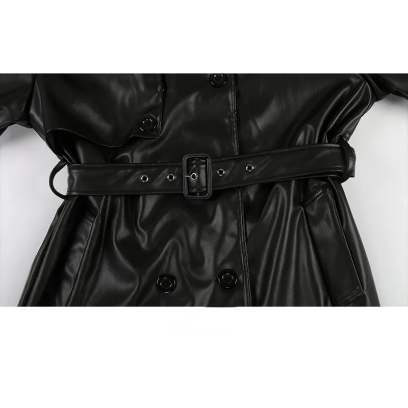 2023 New Women Belt Double Breasted Loose Luxury Overcoat Spring Autumn Long Cool Black Pu Leather Trench Coat Long Warm Jacket