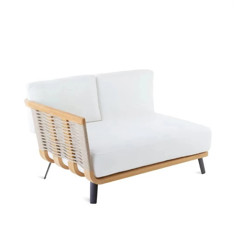 Modern all-weather rope-woven solid teak sectional sofa set outdoor wooden furniture