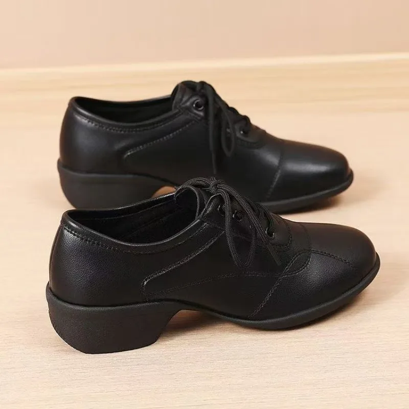 Women Low Heel Dance Sneakers Lace‑Up Soft Faux Leather Round Toe Non‑Slip Ballroom Dancing Shoes view 6