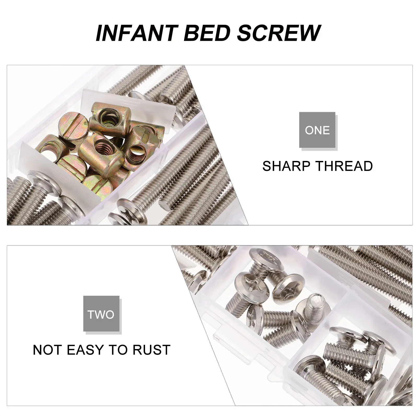 1Set Bed Screw Nut Set Clear Box Storage Premium Material Screws for Crib Bed Assembly Strong Thread No Loosen Easy