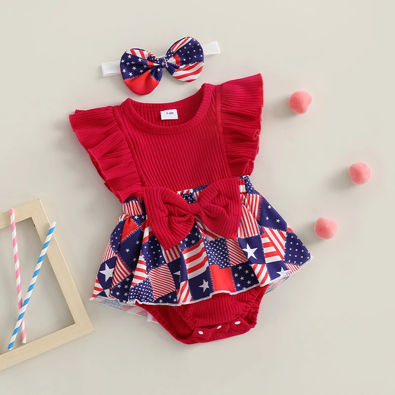 

Infant Girls Sleeveless Tutu Romper with Ruffle Detail and Matching Headband Adorned with Flag Print Patchwork