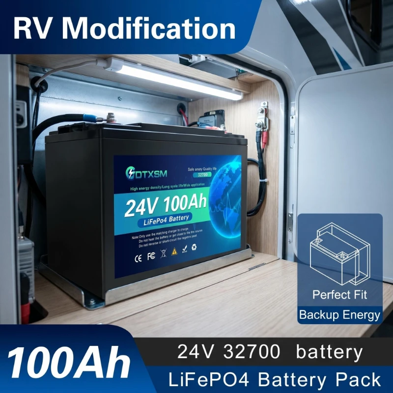 24V 100Ah LiFePO4 Lithium Battery Pack，Rechargeable Deep Cycle Storage Battery for Solar System RV Camping Off Grid Power Supply