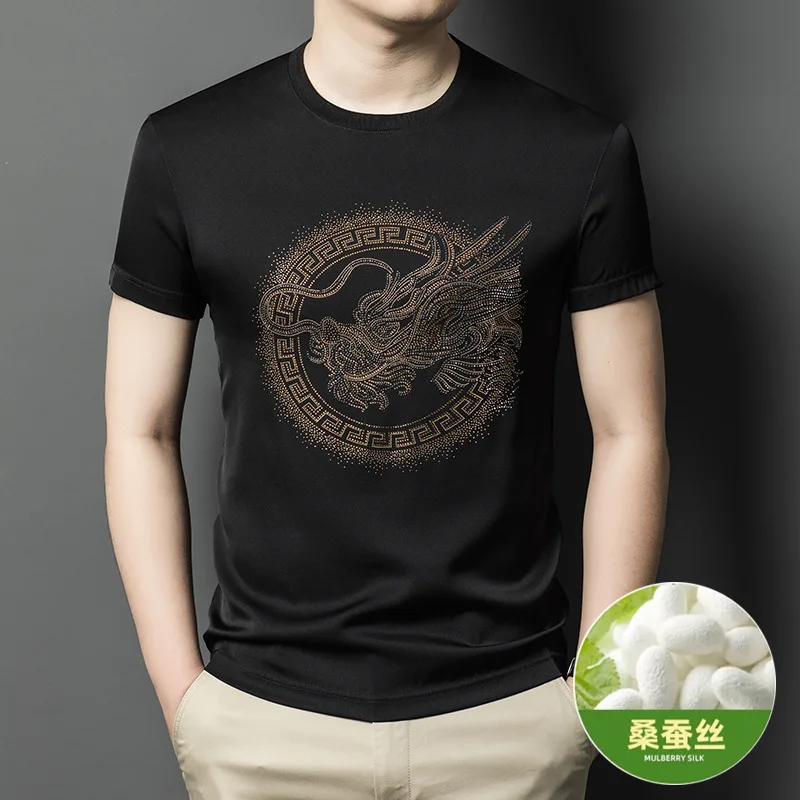 100% mulberry silk high-end T-shirt hot diamond round neck short-sleeved light luxury T-shirt men's breathable top thin