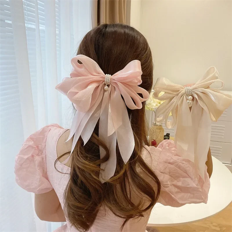 

Ribbon Bowknot Ponytail Clip Women Girls Sweet Large Long Tassel Bow Ponytail Spring Clip Elegant Pearl Barrettes Accessories