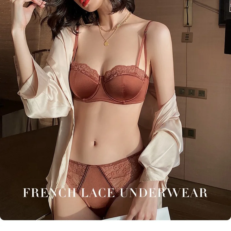 2022 New Foreign Trade Sexy Smooth Lace Edge French Bra Set, Hot selling Thin, Large Chest, Small Underwear for Women