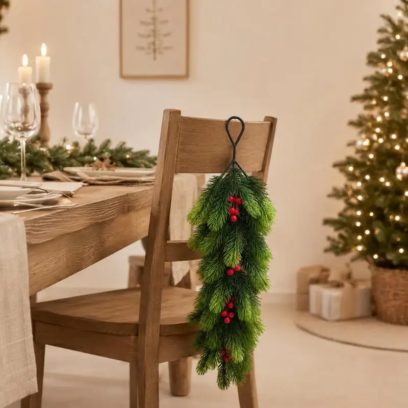 Single Artificial Pine Hanging Sprays Decor with Bright Red Berries & Natural Pine Cones, Realistic Christmas Greenery Picks