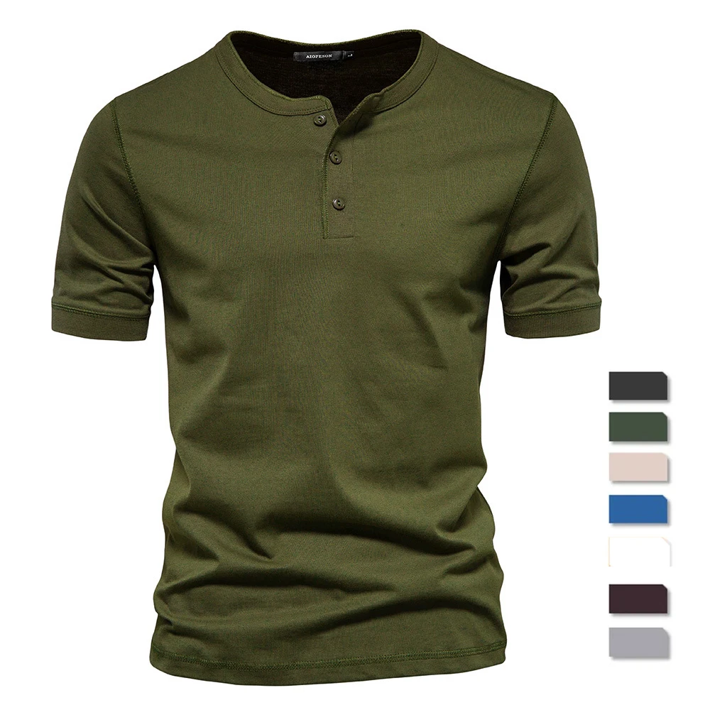 2024 New 100% Cotton Henley Collar T Shirt Men Casual Solid Color Summer Short Sleeve Mens T Shirts Fashion Basic T-shirt Male