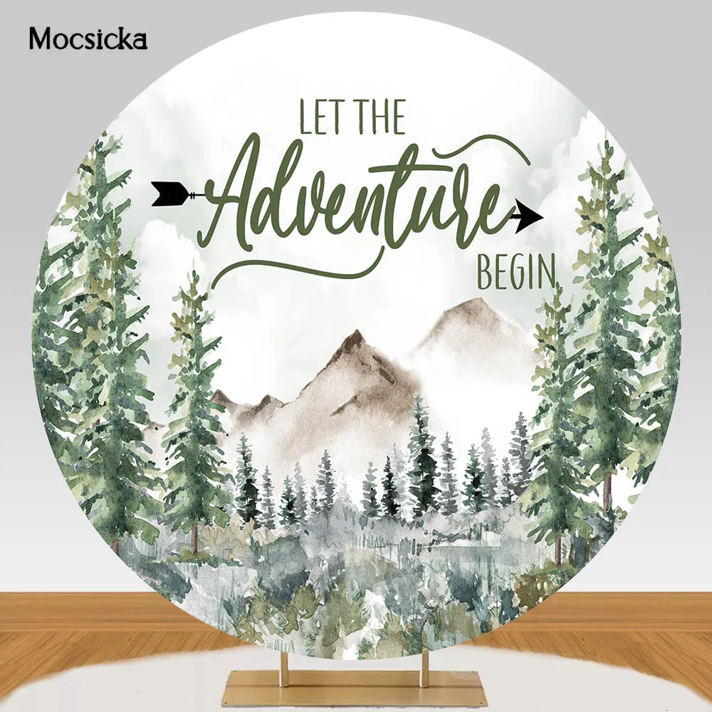 

Mocsicka Let The Adventure Begin Round Backdrop Cover Elastic Vinyl Jungle Wild Forest Baby Shower Circle Photo Background Decor