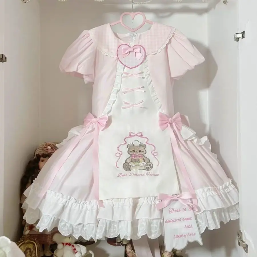 

Летнее платье Лолита с вышивкой медведя 2026: милое короткое платье-кейк для девочек, розовое, в стиле Y2K, кавайный дизайн, для вечеринок, косплей-костюм