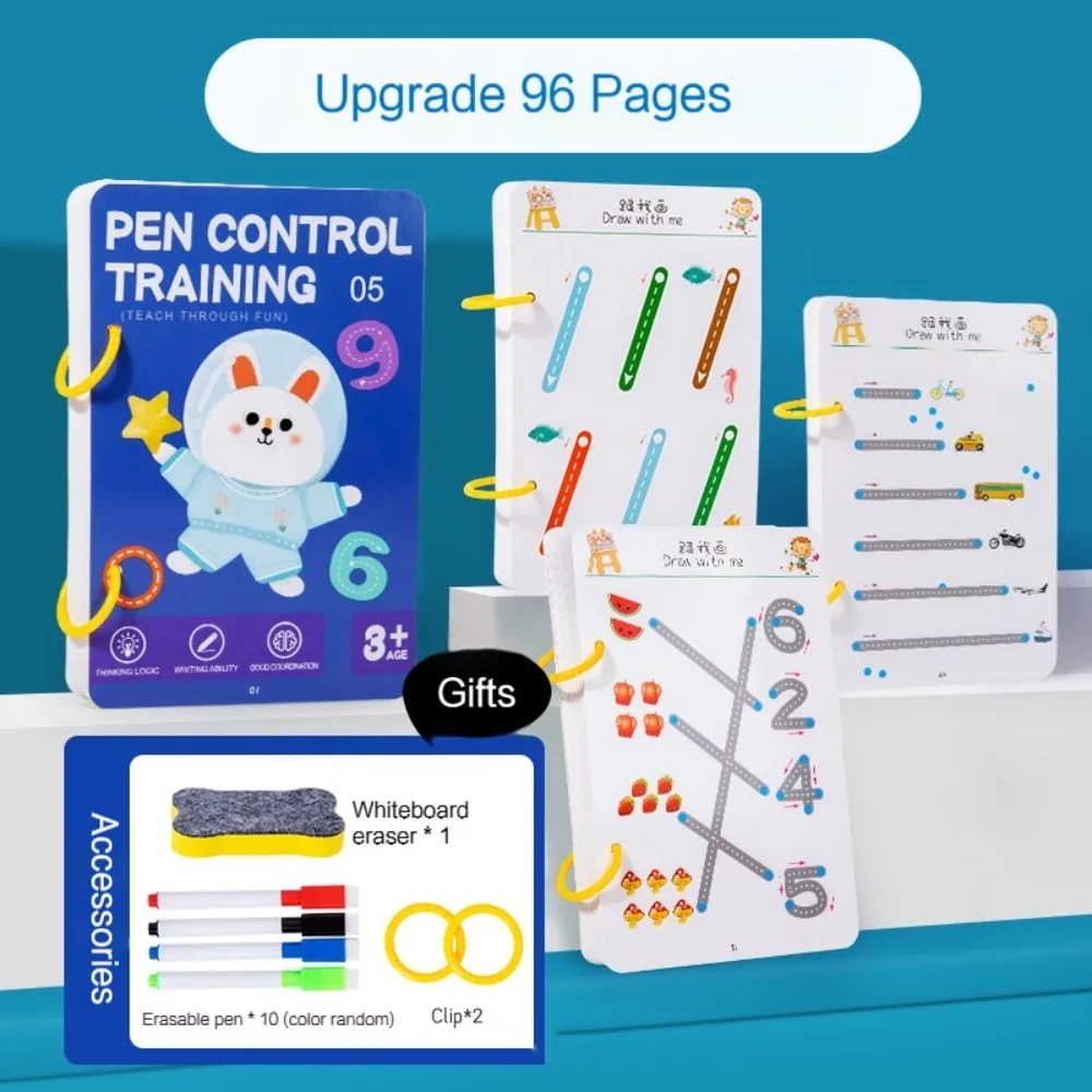 

32/64/96 страниц, детская учебная книга для управления ручкой, стираемая модернизированная рабочая тетрадь с волшебной трассировкой, многоразовая