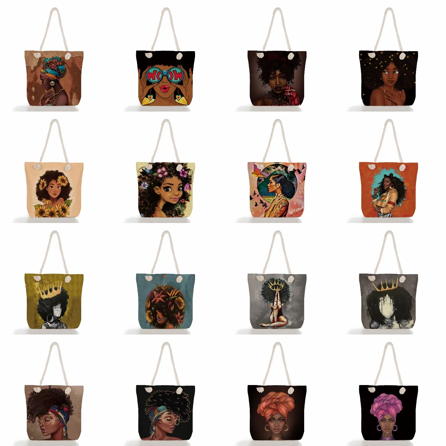 Foldable African Girl Painting Handbags Eco Reusable Shopping Bag Women Shoulder Bags Groceries Totes Casual Travel Beach Bag