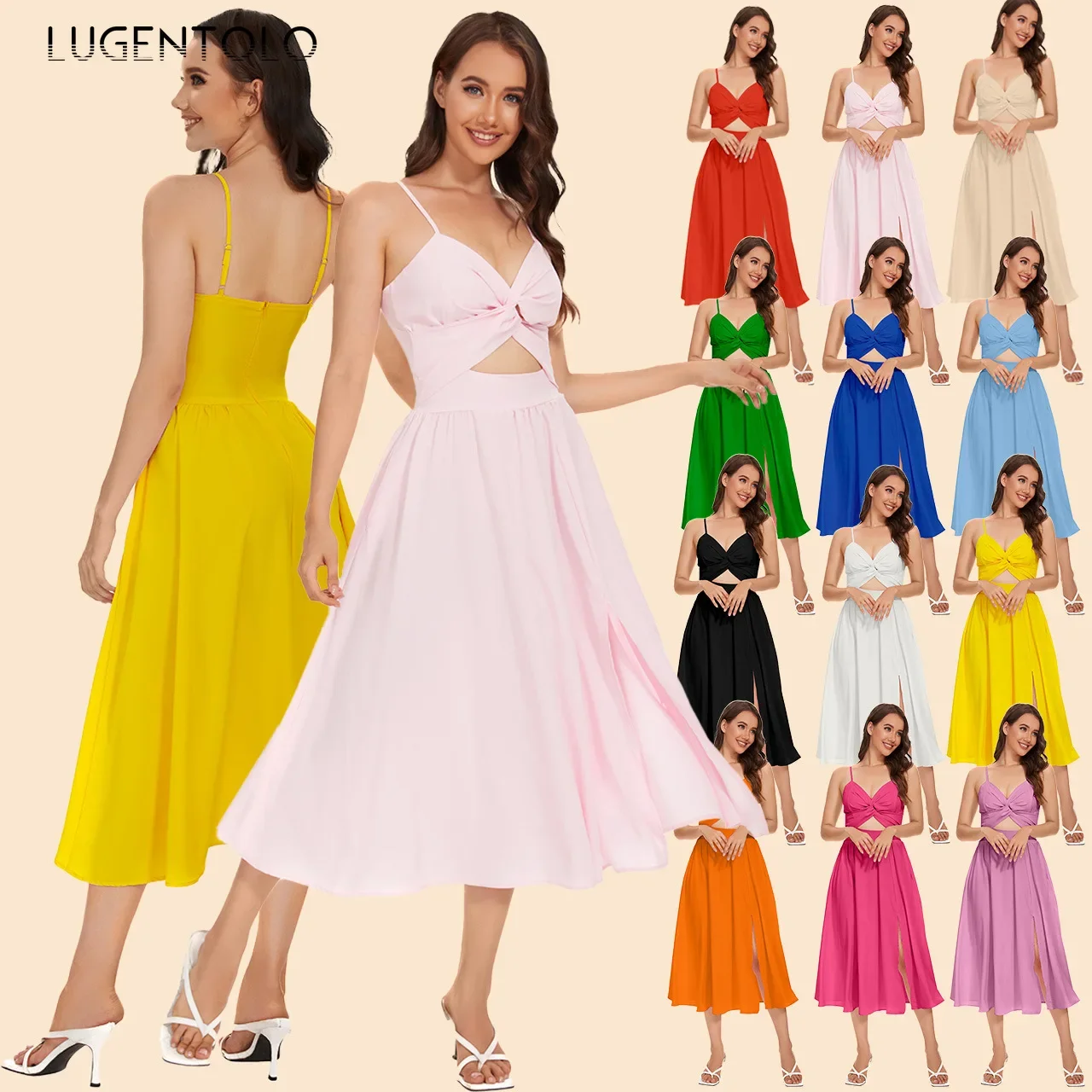 

Lugentolo Women Sexy Sweet Dress Summer Solid Suspenders Sleeveless Fashion Low-cut Slip Open-waisted Big Swing Empire Dresses