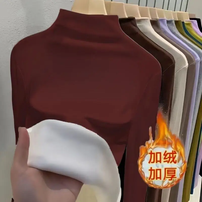 فتاة الخريف الشتاء الصوف مبطن وهمية الرقبة قاعدة طبقة جديدة رشاقته الحد الأدنى البلوز القمم الدفء الذاتي زراعة الملابس الداخلية