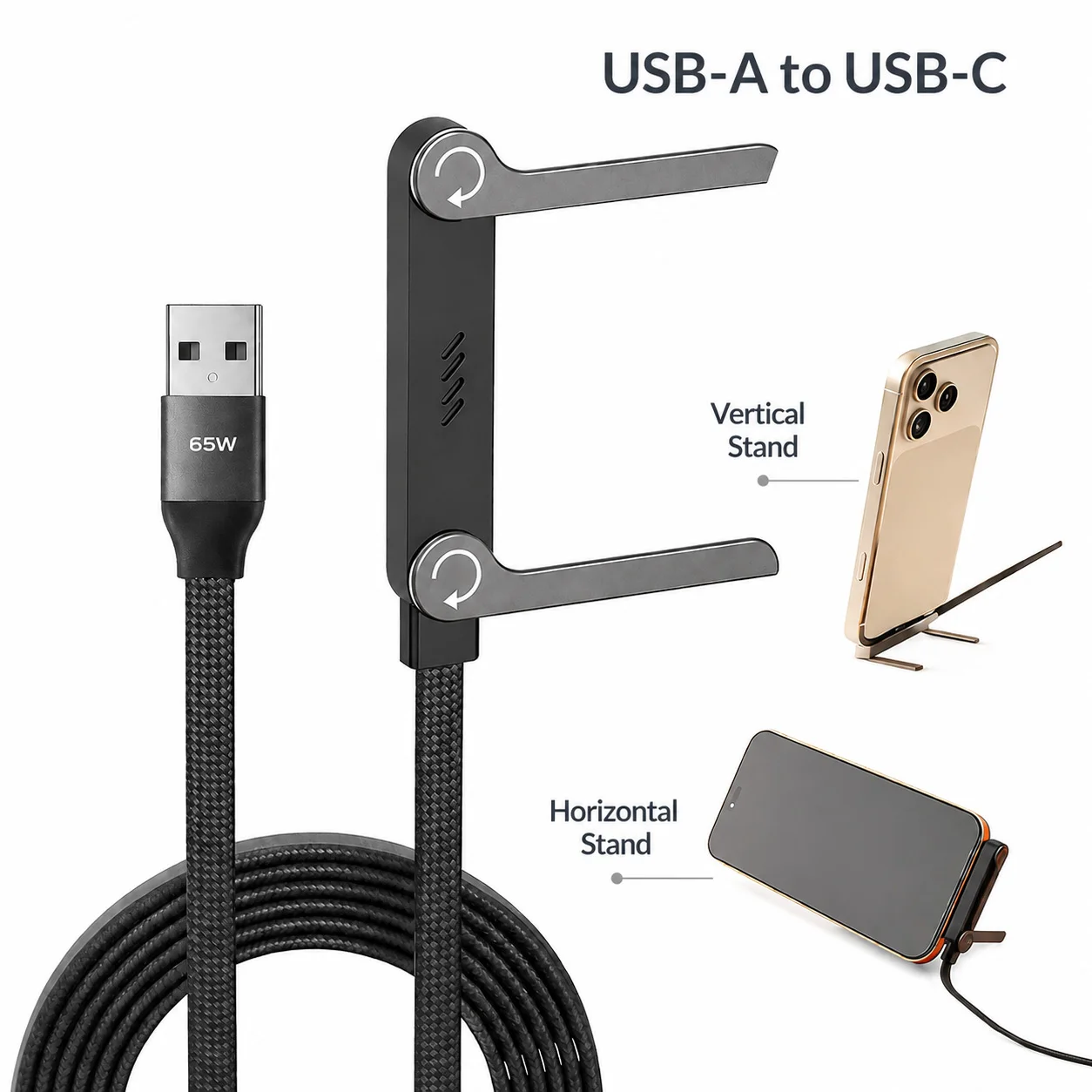 65W USB A to USB C Cable 2 in 1 Fast Charging Data Cable Foldable Phone Stand Holder Nylon Cord for Samsung Xiaomi Huawei Type C