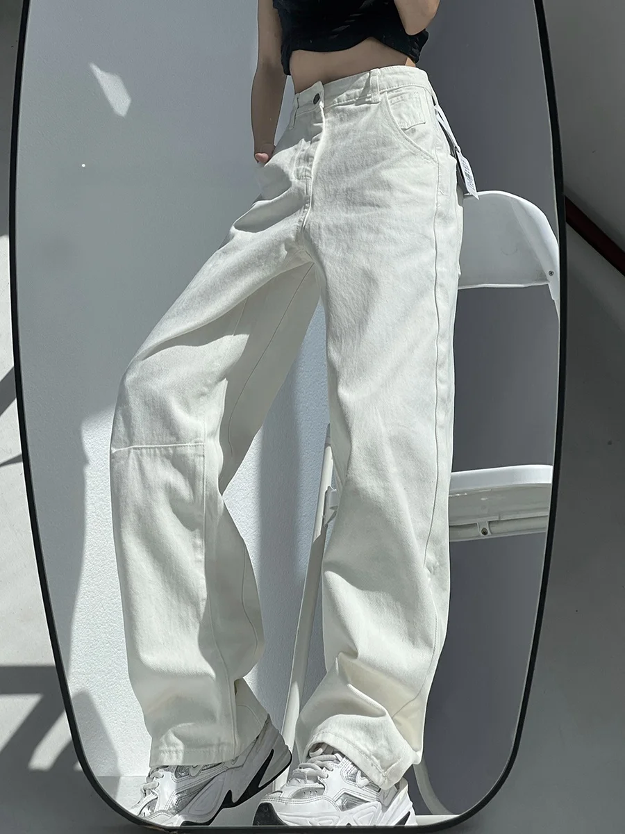 Slimming Vintage Scythe Shape Jeans Wide Leg Pants Pear Shape Banana Pants White Straight Leg Casual Loose Long Trousers