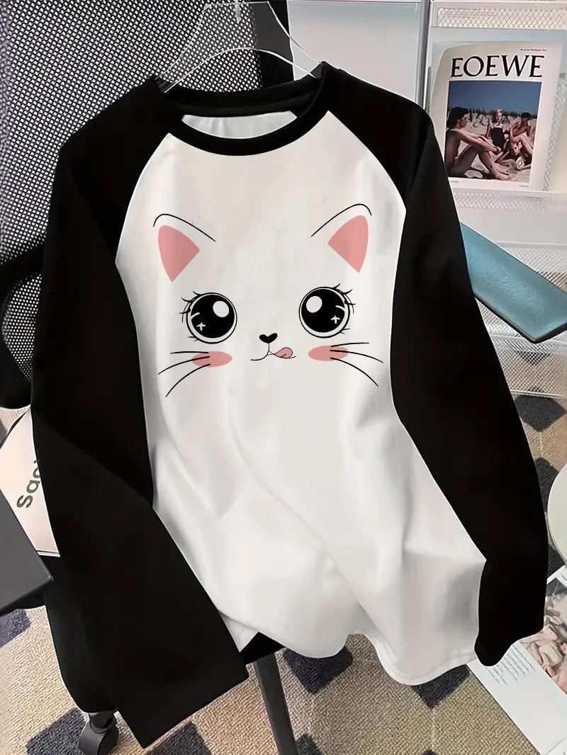 Y2K Süßes Katzen-Meme Langarm-T-Shirt mit Aufdruck, 90er Katzen-Shirt, Lustiges Gothic-T-Shirt, Damen Casual Print Rundhals-Oberteil, T-Shirt