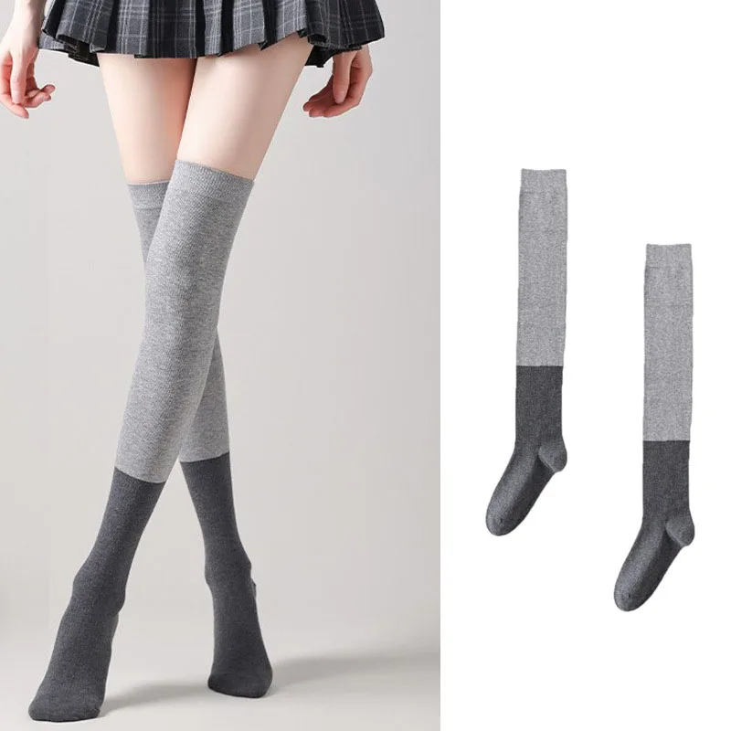 Socks For Women Over The Knee Autumn And Winter Socks Black Gray Spliced Calf Socks JK Socks Fashion Sweet Versatile Simple Cute