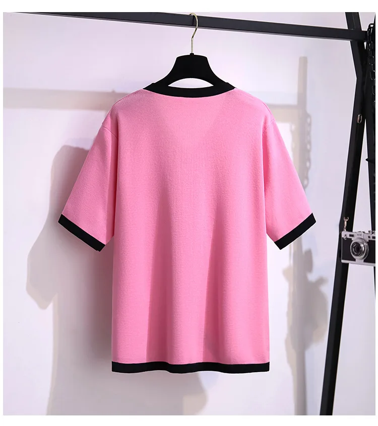 Tops de punto de manga corta para mujer, camisa rosa elástica con cuello en V, talla grande, 4XL, 5XL, 6XL, 7XL, 8XL, 9XL, 2023