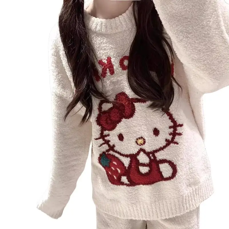 

Kawaii Home Clothing 2Pcs Hello Kitty Knitted Pajamas Winter Loose Lazy Style Fleece Fashion Versatile Half-Length Sleeve Set