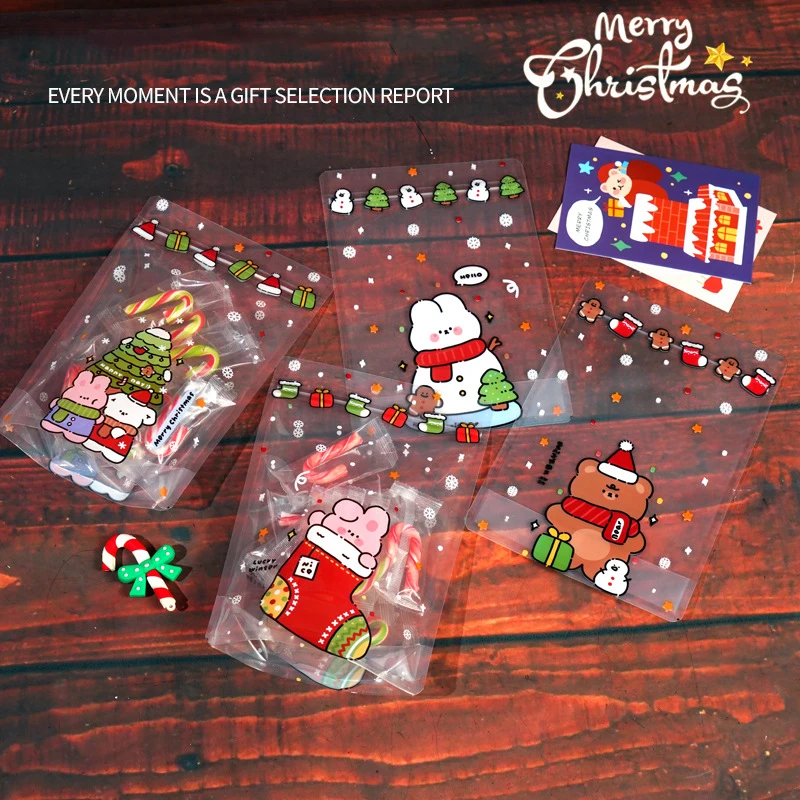 TETP 100Pcs Transparent Christmas Food Packaging Bags New Year Party For Cookies Candy Chocolate Gift Decoration Wholesale