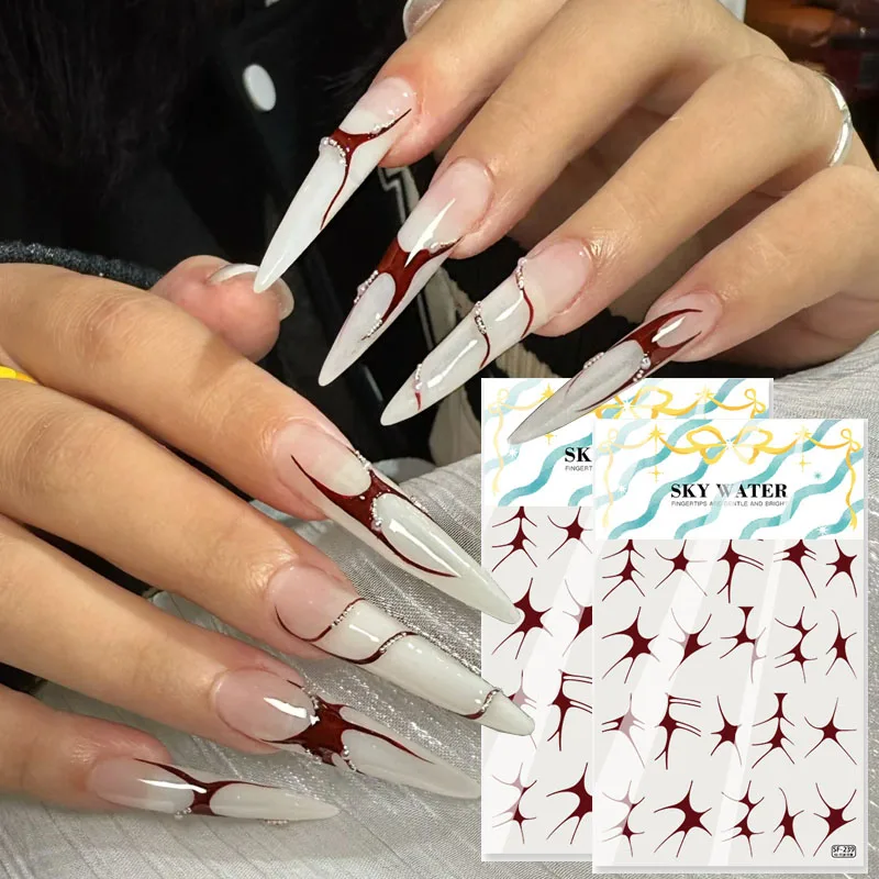 Adesivo per nail art 5D curvo francese irregolare Linee di arco di fuoco Frammentato Stampaggio moderno Decorazione autoadesiva Decalcomanie per manicure