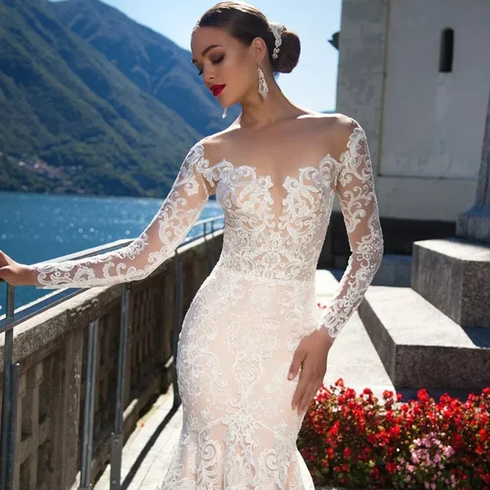 Personalizar cuello redondo botones hasta la espalda manga larga apliques encaje transparente sirena vestido De novia Robe De Mariée Sirène