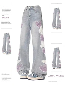 กางเกงยีนส์ผู้หญิงหัวใจVINTAGE Y2k 90s Aesthetic Baggy DENIMกางเกง 2000s HARAJUKU Kawaiiกว้างคาวบอยกางเกงถังขยะเสื้อผ้า 2023