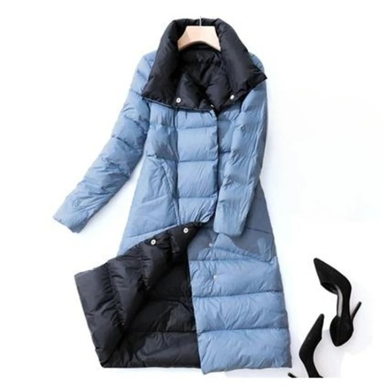 سترة نسائية خفيفة من ريش البط الأبيض مريحة للشتاء جديدة متوسطة وطويلة على الوجهين بطول الركبة بقصة ضيقة