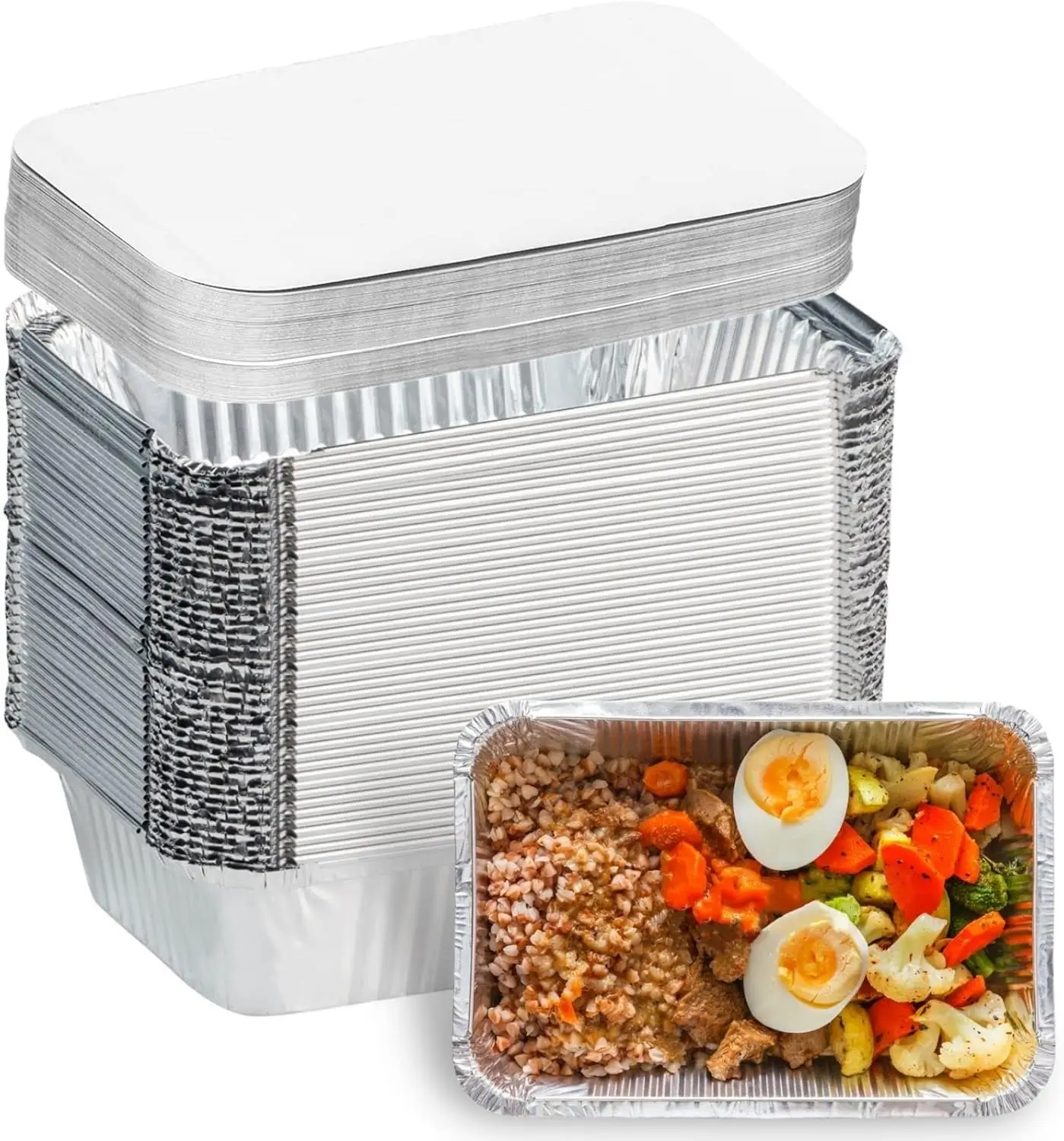 50 Aluminum Covered Flat Bottom Pots, 50 Aluminum Foil Food Containers, 50 Flat Bottom Pots and 50 Cardboard Covers