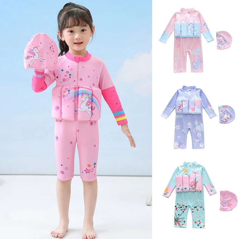 Ircomll Baby Girl Buoyancy Floating Swimsuit Long Sleeves One Piece Skirt Style Swimsuit Children Beach Surf Suit Swimwear+Caps