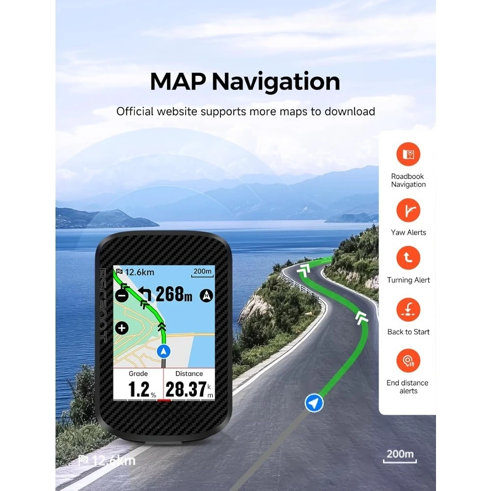 Computador de bicicleta sem fio para restaurante/gps, navegação de mapa offline com tela sensível ao toque, aviso de curso compatível com insta 360