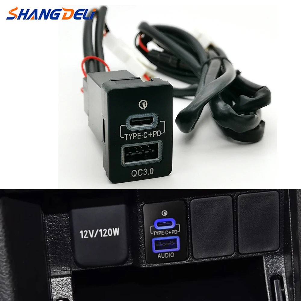 

33*23mm Car Type-C PD USB QC3.0 Dual Phone Charging Adapter For Toyota Camry Prius Corolla Land Cruiser PRADO RAV4 07 - 14