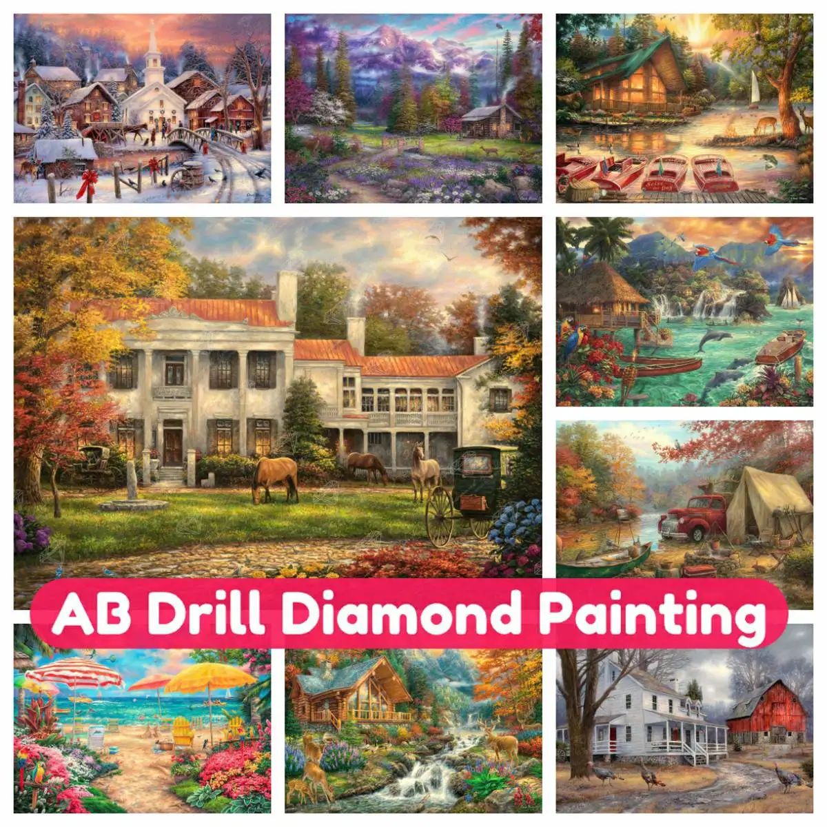 

Christmas Scenery AB Diamond Painting, Full Drill, Round, Square, Handmade Cross Stitch, Rhinestones Mosaic, 5D Home Decor,