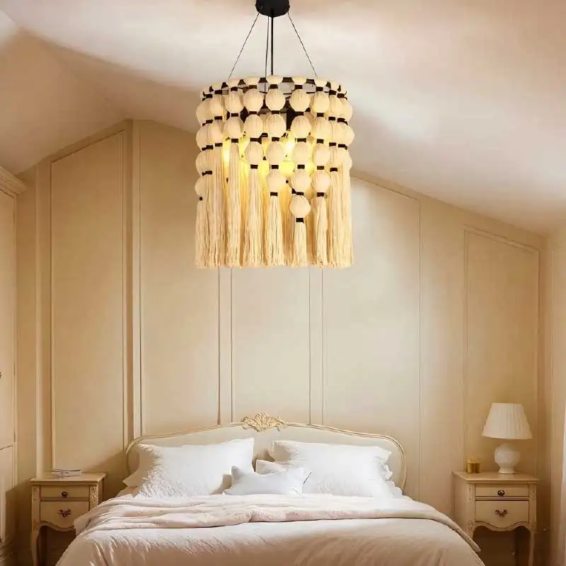 American Wabi Sabi Cotton Thread Fabric Pendant Light Hanging Deco Home Design Lamp Dining Room Droplight White Cloth Chandelier