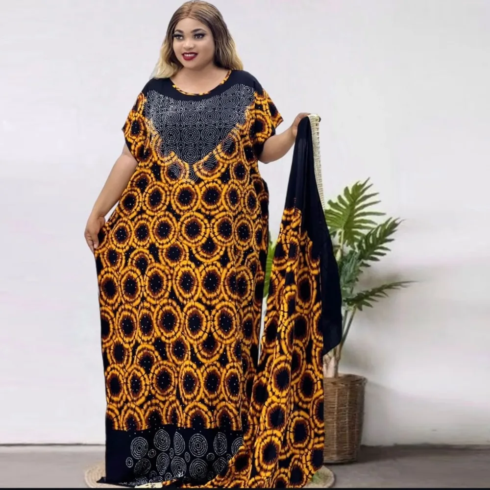 

2025 New Fashion Loose Hot Diamond Large Scarf Ethnic Bubu Summer Breathable Middle Eastern African Print Women's Casual Dress