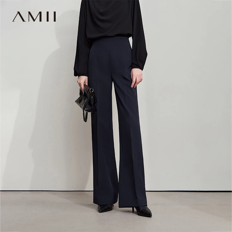 AMII 2025 automne nouveauté minimalisme bureau dame taille haute pantalon solide décontracté inelastique jambe droite pantalon 12523156