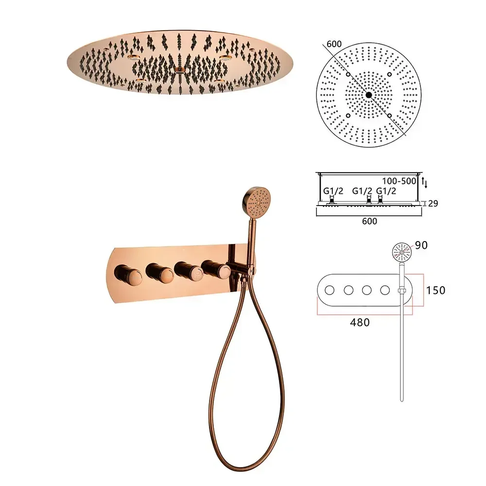 

Розовое золото 600 мм круглый балдахин Скрытая Душевая система, термостатический переключатель, функция «Дождь», изготовлена из твердой меди