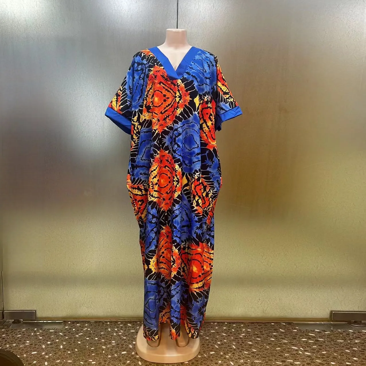 موضة جديدة فضفاضة جيب كبير الخامس طوق العرقية الشرق الأوسط 2024 الصيف الأفريقي طباعة Bubu حفلة السيدات مساء اللباس