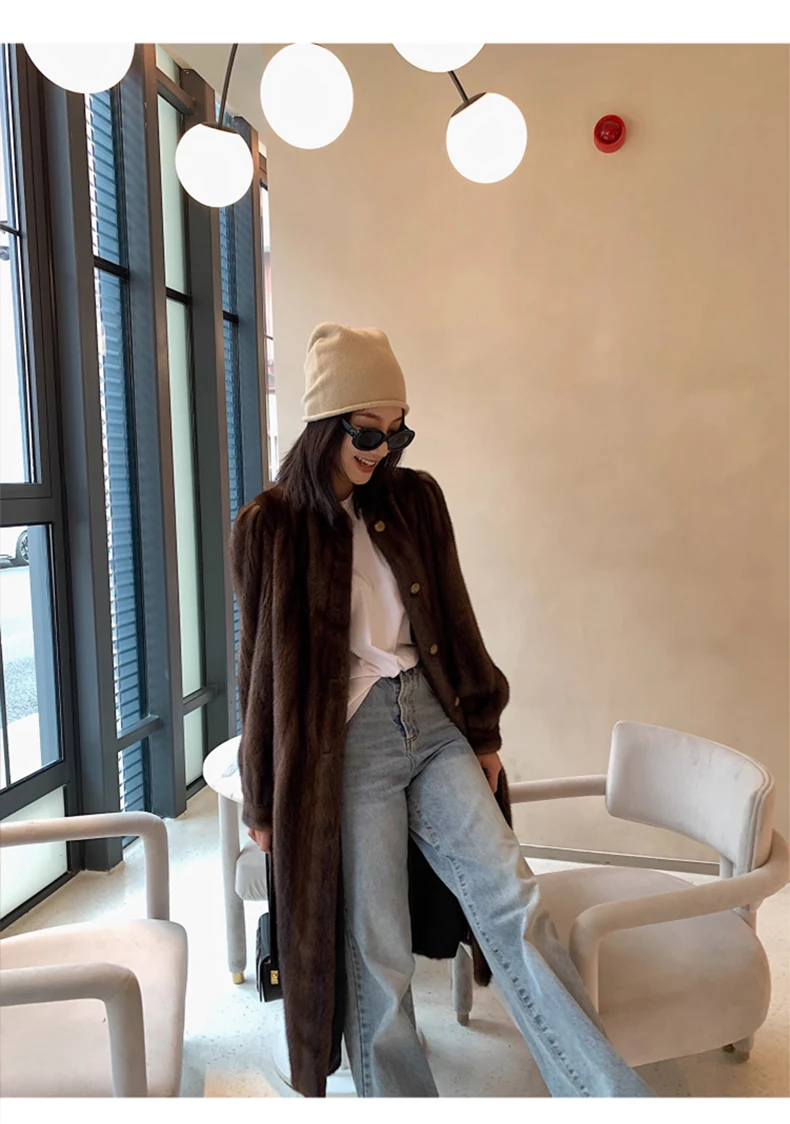 Lautaro Winter Long Brown Thick Warm Soft Faux Mink Fur Coat Women Puff Sleeve Elegant Luxury Chic Fluffy Furry Overcoat 2023