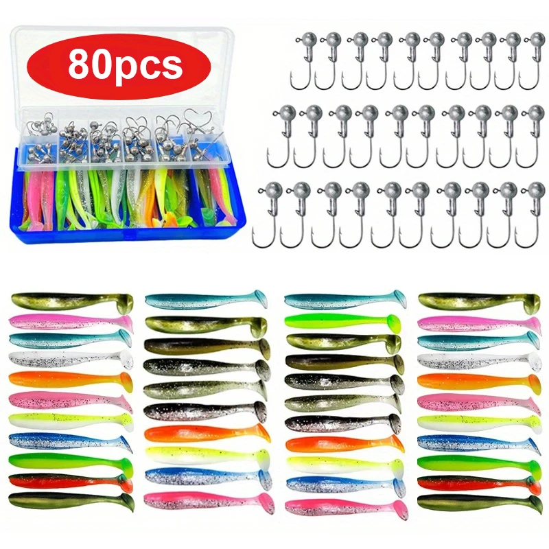 

80PCS Fishing Jig Heads Set Shad Worm Soft Lure 5.5cm T Tail Worm Jigging Head Hook 3.5g 5g 7g Metal Jig Fishing Swimbait Bait